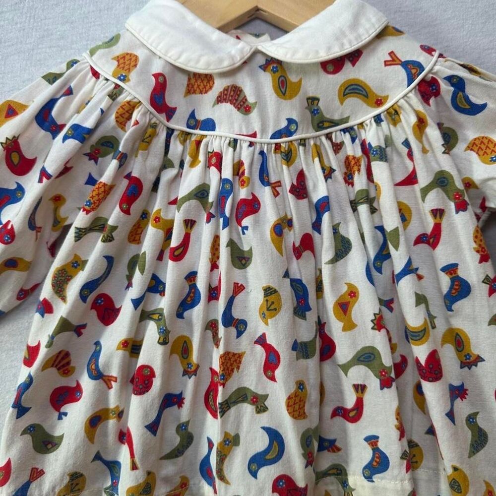 Fawn London Folk Bird Print Smock Top Long Sleeve Peter Pan Collar Blouse 0-3M